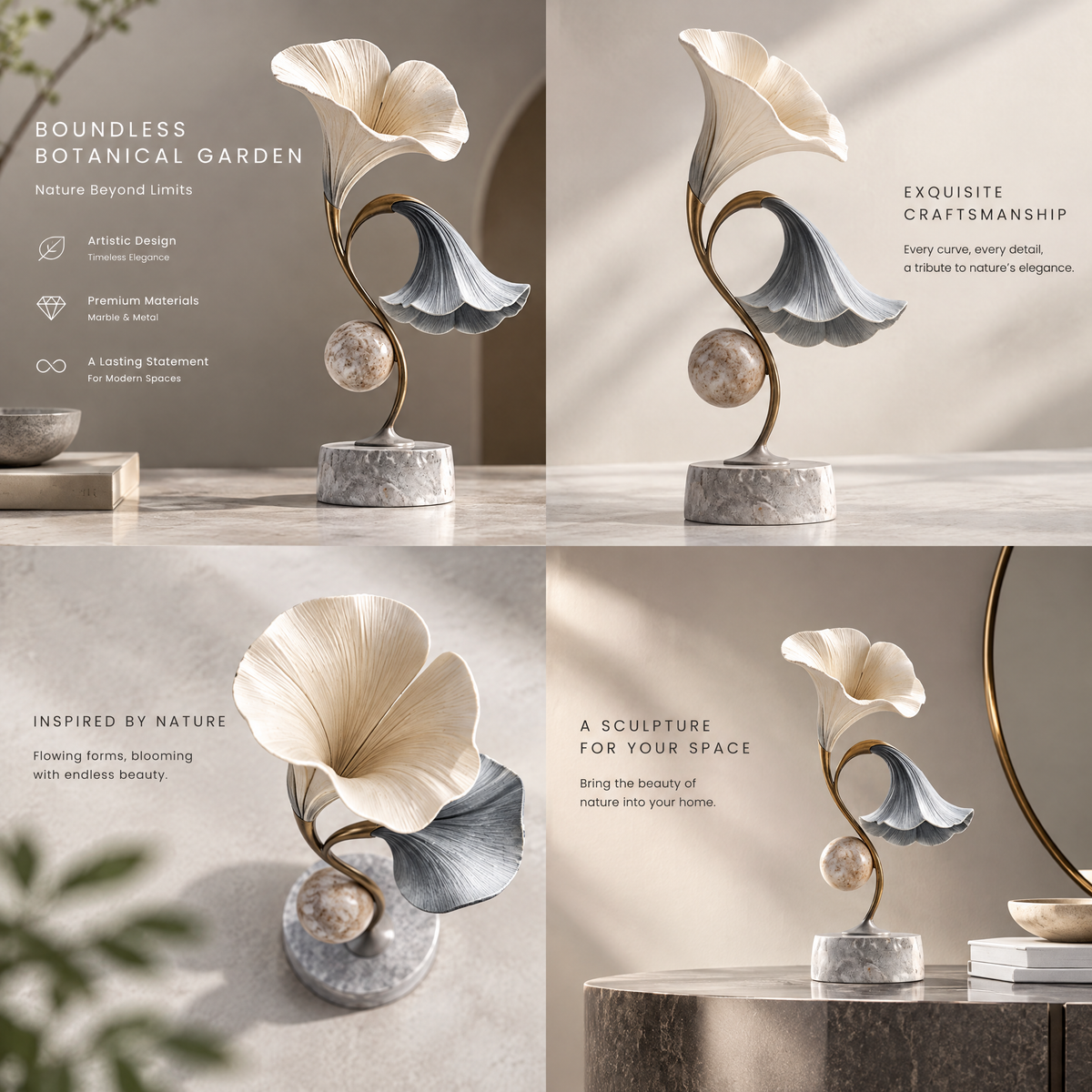 Boundless Botanical Garden Dual Ginkgo Marble & Metal Sculpture